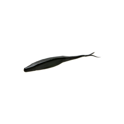 The Zoom Super Fluke by Zoom is a black, soft plastic bass fishing lure with a slender body and split tail, shaped like a small baitfish, displayed on a plain white background.