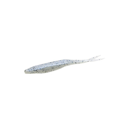 The Zoom Super Fluke by Zoom is a soft plastic fishing lure shaped like a slender baitfish, light gray with black speckles and a forked tail—ideal for bass fishing. Shown against a white background.