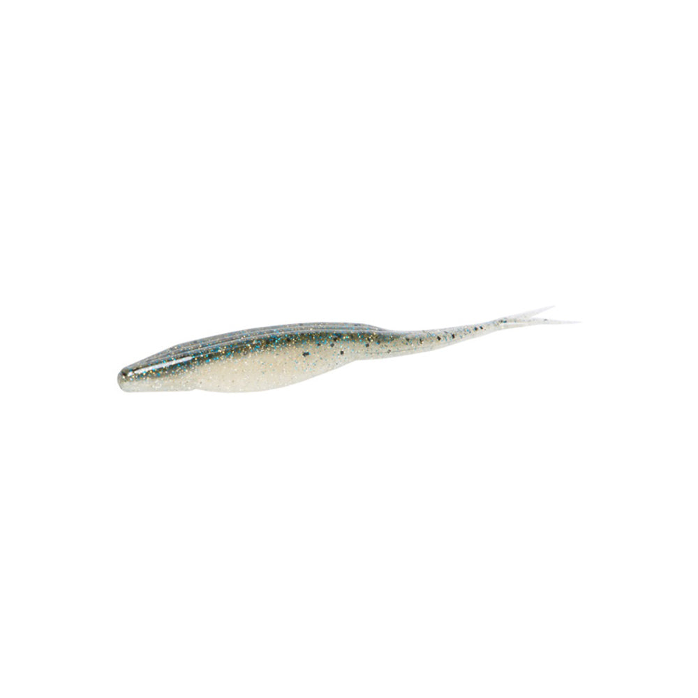 The Zoom Super Fluke by Zoom is a soft plastic lure shaped like a small baitfish, with a silver-white body, green accents, and scattered glitter—ideal for realistic bass fishing presentations.