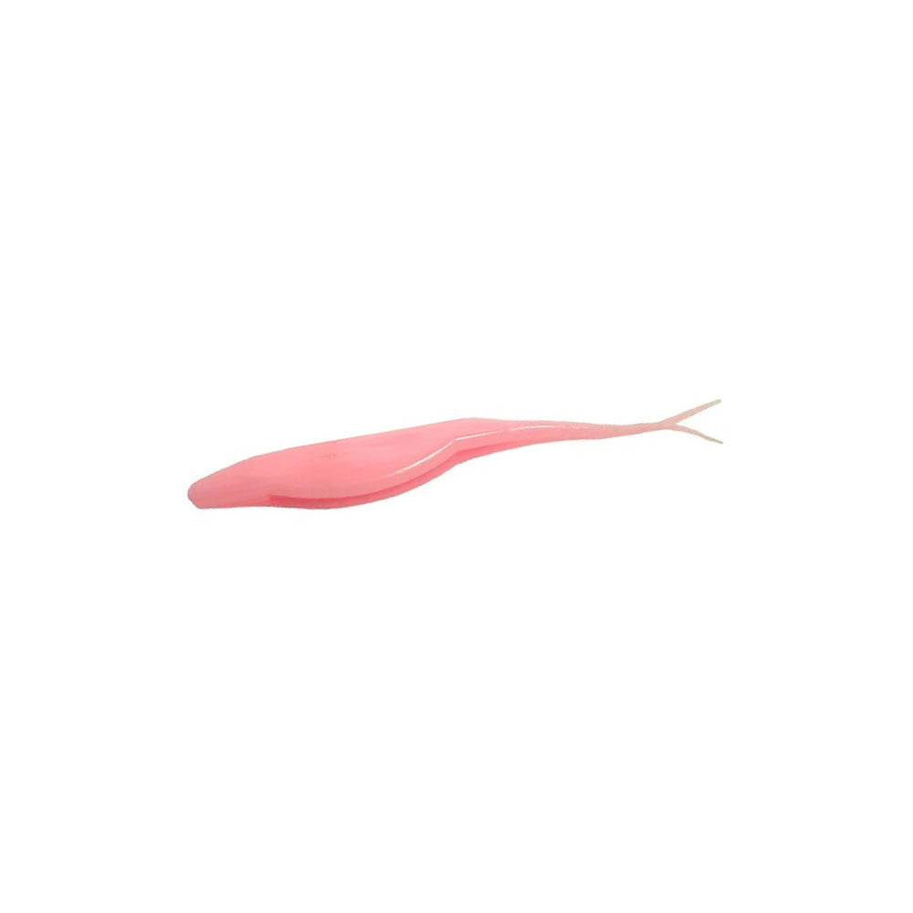 The Zoom Super Fluke by Zoom is a soft plastic bass fishing lure in light pink, shaped like a small fish with a slender body and split tail, designed to imitate baitfish size and shown isolated on a white background.