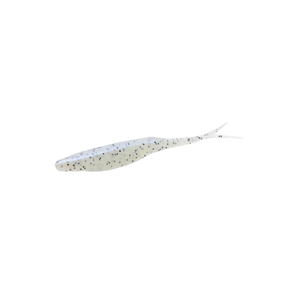 The Zoom Super Fluke by Zoom is a soft plastic bass fishing lure shaped like a small baitfish, featuring a forked tail and white color with black speckles, shown on a plain white background.