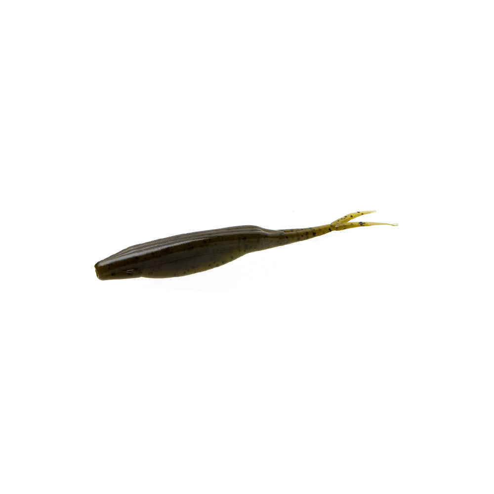 The Zoom Super Fluke by Zoom is a soft plastic bass fishing lure with a dark, elongated body and two slender, forked tails, designed to mimic natural baitfish size for an enticing presentation on a white background.