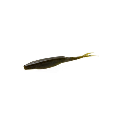 The Zoom Super Fluke by Zoom is a soft plastic bass fishing lure with a dark, elongated body and two slender, forked tails, designed to mimic natural baitfish size for an enticing presentation on a white background.