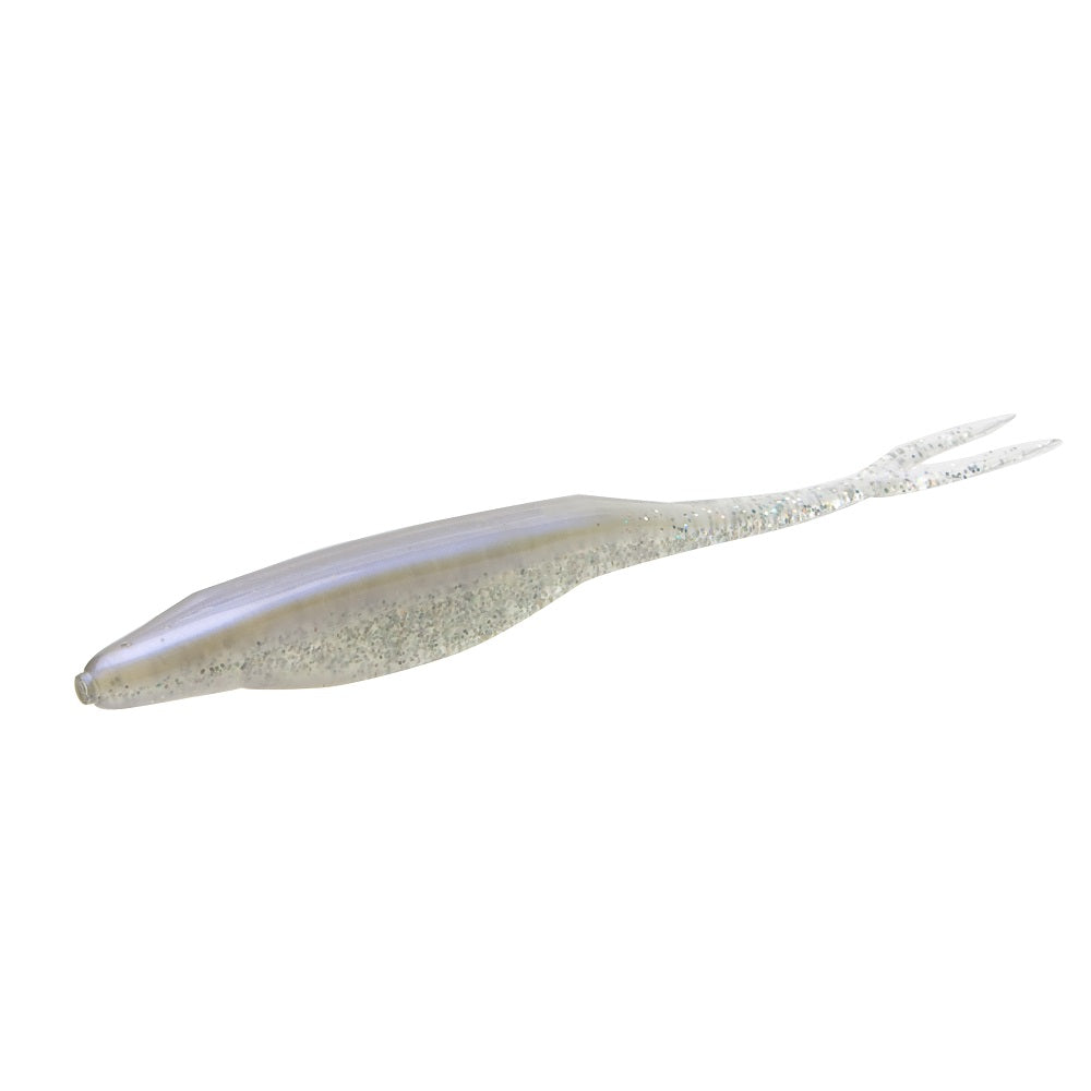 The Zoom Super Fluke by Zoom is a soft plastic bass fishing lure with a slender, translucent body, rounded head, split tail, and speckled shimmer pattern that closely imitates natural baitfish.
