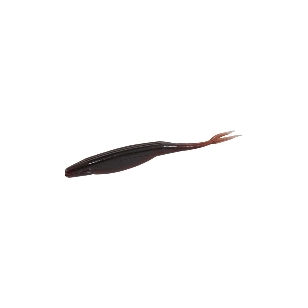 The Zoom Super Fluke by Zoom is a dark soft plastic lure with a slender body and forked tail, designed to mimic baitfish for bass fishing, shown on a white background.
