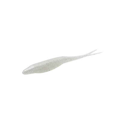 The Zoom Super Fluke by Zoom is a translucent, soft plastic bass fishing lure shaped like a small baitfish with a slender body and forked tail, shown on a white background.