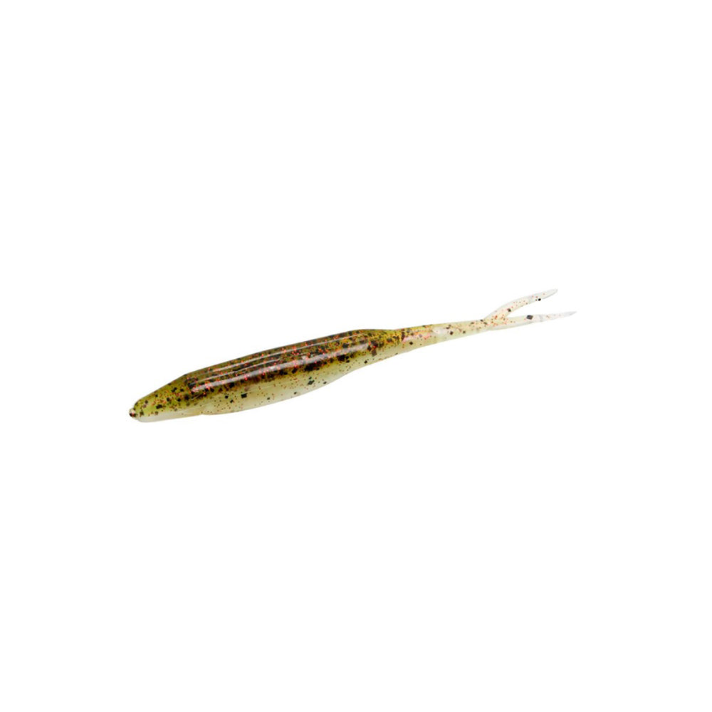 The Zoom Super Fluke by Zoom is a soft plastic bass lure, shaped like a small fish with a slender body, forked tail, and a green-brown speckled pattern with dark spots.