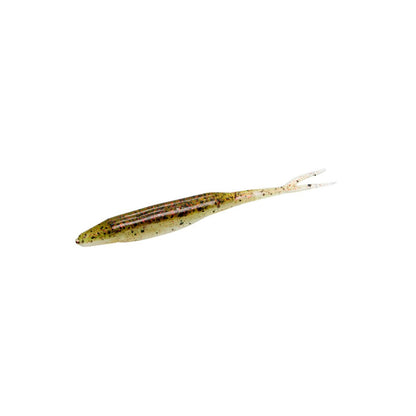 The Zoom Super Fluke by Zoom is a soft plastic bass lure, shaped like a small fish with a slender body, forked tail, and a green-brown speckled pattern with dark spots.