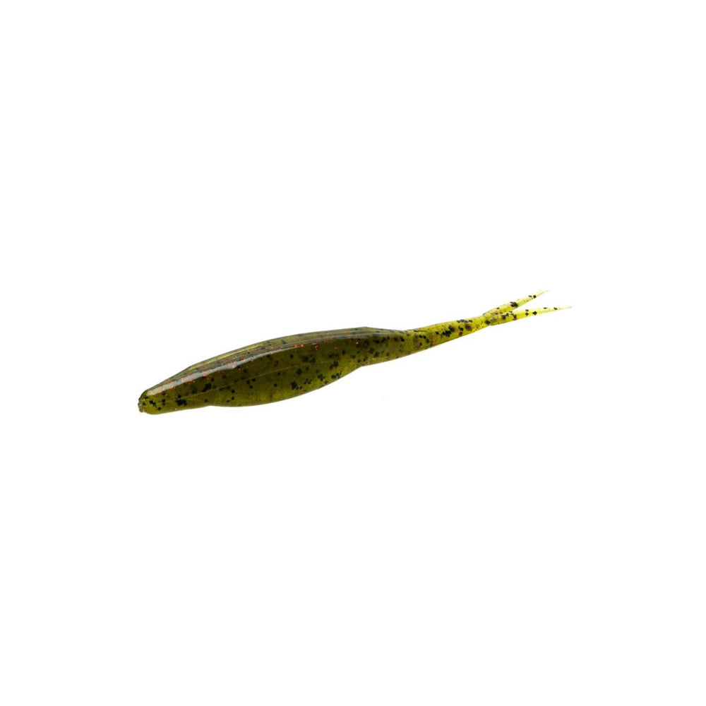 The Zoom Super Fluke by Zoom, a green soft plastic bass fishing lure with a slender body, black speckles, and a forked tail, is displayed on a white background.