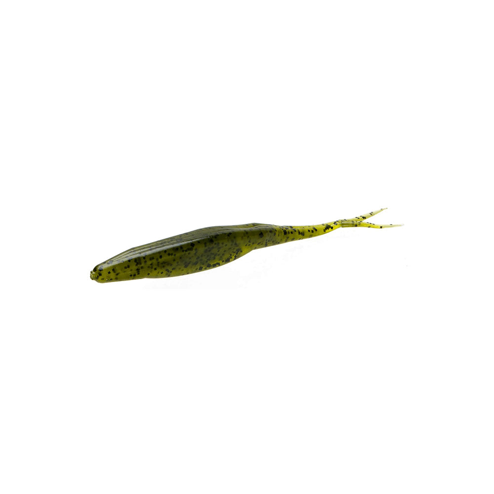 A Zoom Super Fluke soft plastic lure by Zoom, shaped like a baitfish with a slender body, forked tail, and green color with dark speckles, is displayed on a white background.