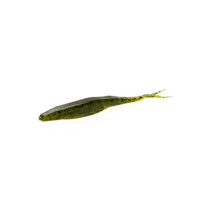 A Zoom Super Fluke soft plastic lure by Zoom, shaped like a baitfish with a slender body, forked tail, and green color with dark speckles, is displayed on a white background.