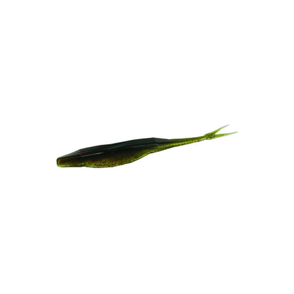 The Zoom Super Fluke by Zoom is a soft plastic bass fishing lure shaped like a small fish, featuring a dark top, glittery green sides, and a split tail in realistic baitfish size. It is pictured on a plain white background.
