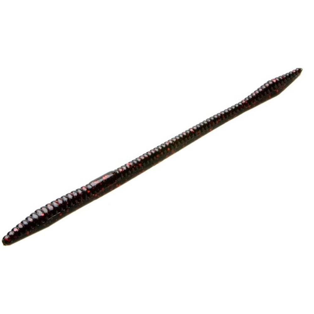 The Zoom Trick Worms by Zoom are realistic, dark-colored artificial fishing worms featuring a segmented, textured body with tapered ends. They float and mimic real worms, making them ideal for shallow water bass fishing lures.