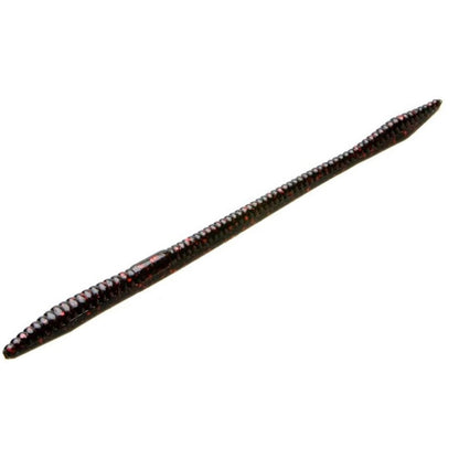 The Zoom Trick Worms by Zoom are realistic, dark-colored artificial fishing worms featuring a segmented, textured body with tapered ends. They float and mimic real worms, making them ideal for shallow water bass fishing lures.