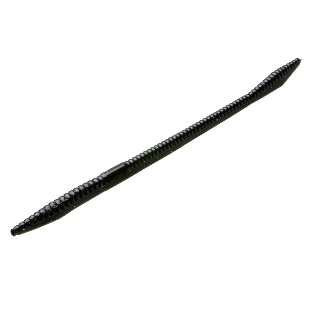 Resembling a ridged rod, the Zoom Trick Worm by Zoom is a black, segmented tool with pointed tips on each end. Its shiny, textured surface enhances its floating worm appearance.