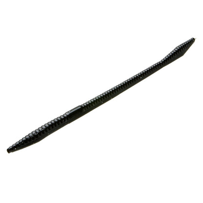 Resembling a ridged rod, the Zoom Trick Worm by Zoom is a black, segmented tool with pointed tips on each end. Its shiny, textured surface enhances its floating worm appearance.