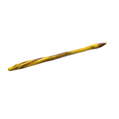 The Zoom Trick Worms by Zoom are yellow and brown soft plastic lures shaped like worms with a ribbed body and tapered ends. Ideal for shallow water bass fishing, these floating worms realistically mimic a real worm's movement in water.