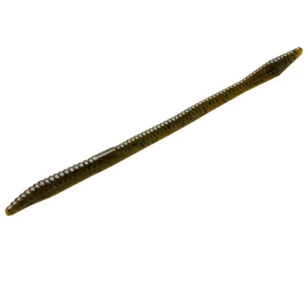 The Zoom Trick Worms by Zoom are realistic, brown, segmented lures featuring a tapered head and tail, ideal for shallow water bass fishing on a white background.
