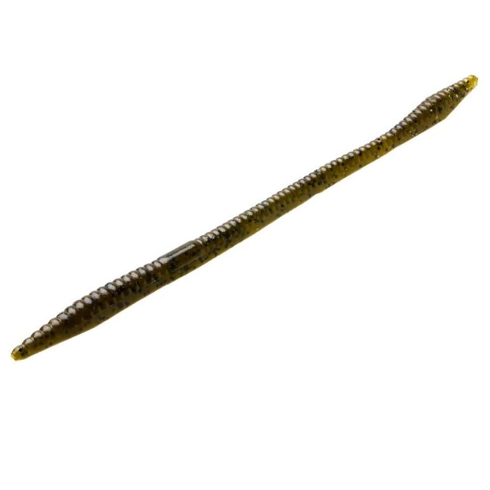 Zoom Trick Worms by Zoom are realistic, brown fake worms with subtle mottling, elongated and slightly curved. Their segmented texture resembles a natural worm, making them perfect for fishing in shallow water bass spots.