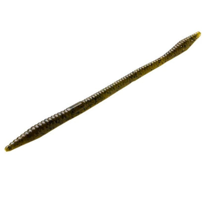 Zoom Trick Worms by Zoom are realistic, brown fake worms with subtle mottling, elongated and slightly curved. Their segmented texture resembles a natural worm, making them perfect for fishing in shallow water bass spots.