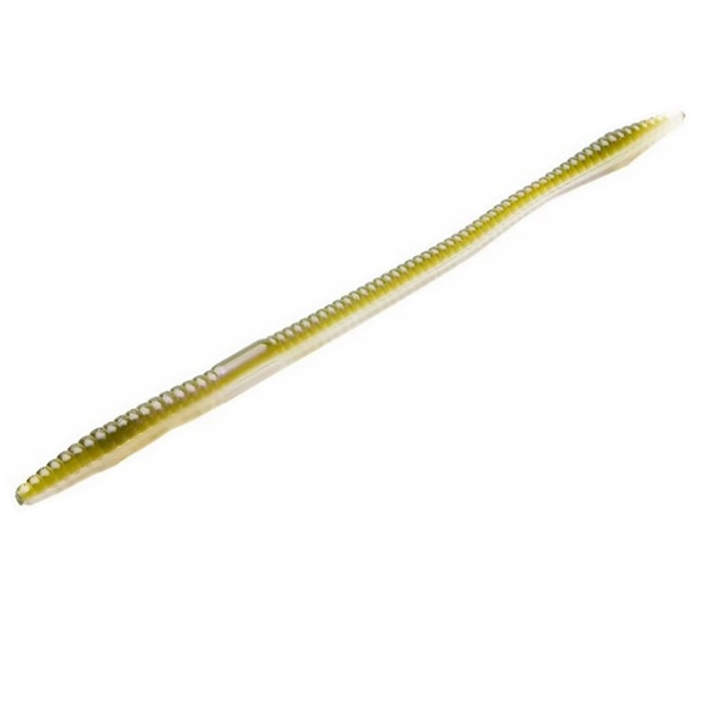 A close-up of a yellow ribbed Zoom Trick Worm sports a textured body tapering at both ends. Ideal for shallow water bass fishing, its flexible design stands out against a plain white background, mimicking the popular style of Zoom lures.