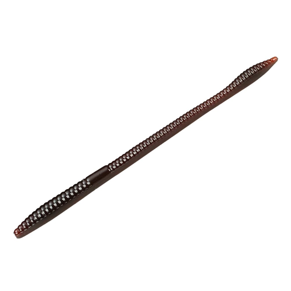A top view image shows a long, brown ribbed plastic Zoom Trick Worm by the brand Zoom, resembling a segmented worm on a plain white background. This floating worm is perfect for enticing shallow water bass.