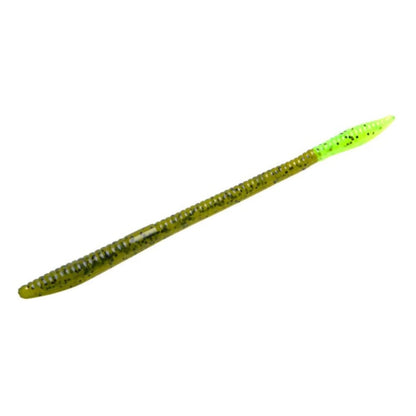 Zoom Trick Worms by Zoom are green segmented soft plastics featuring lime green tails and dark speckles, perfect for catching shallow water bass.