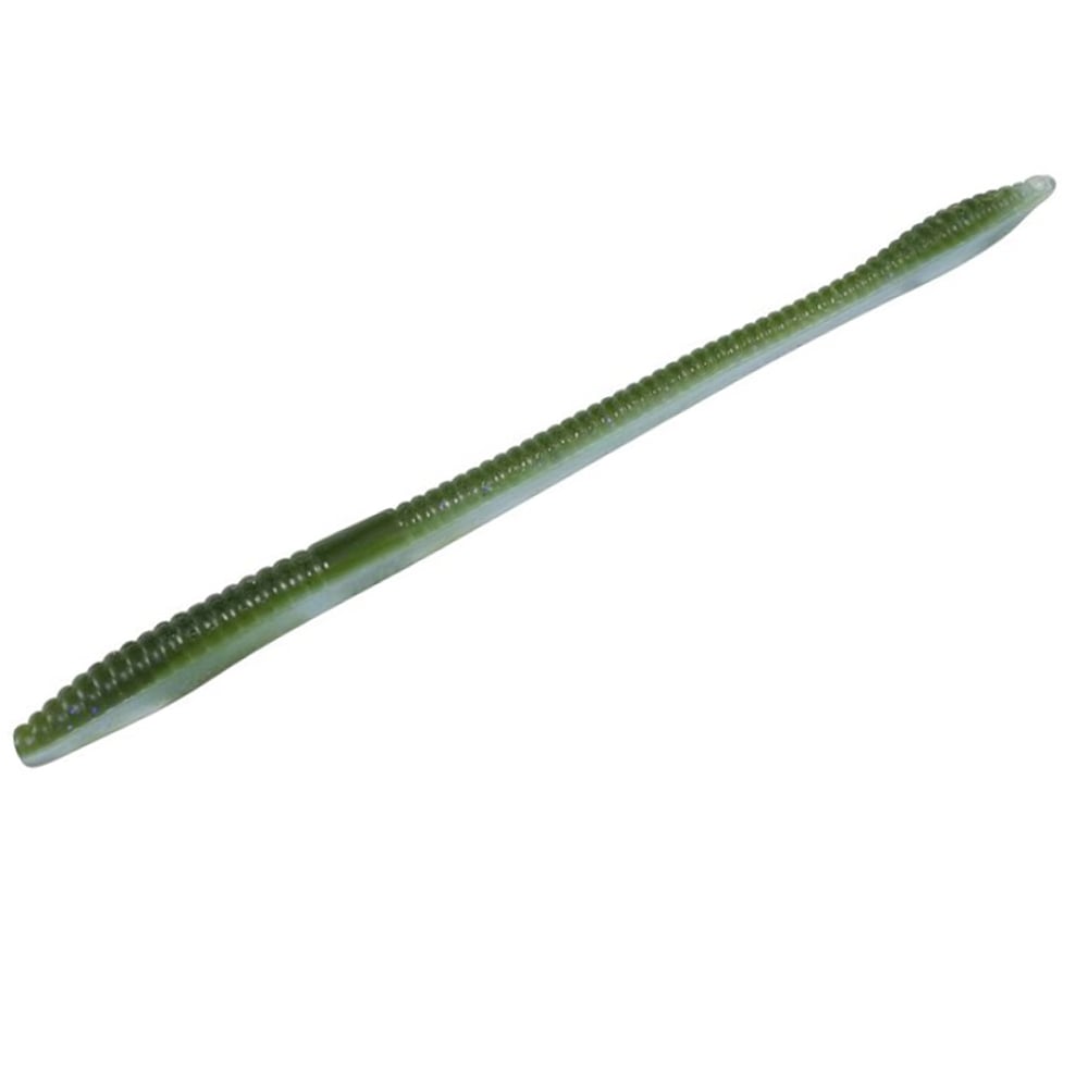 A green, plastic lure replicates a Zoom Trick Worm, featuring segments with smooth and ribbed textures, tapered ends, ideal for bass fishing in shallow waters.