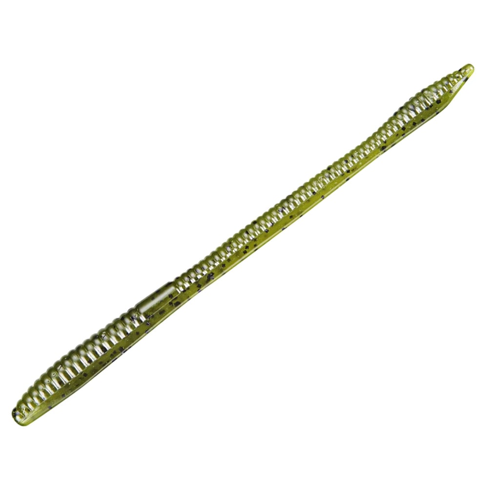 The Zoom Trick Worms by Zoom are green and silver, ribbed soft plastic lures with a slender, elongated body and tapered ends. They mimic floating worms to attract fish like shallow water bass, perfect for enticing even the pickiest catch.