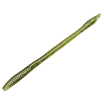 The Zoom Trick Worms by Zoom are green and silver, ribbed soft plastic lures with a slender, elongated body and tapered ends. They mimic floating worms to attract fish like shallow water bass, perfect for enticing even the pickiest catch.