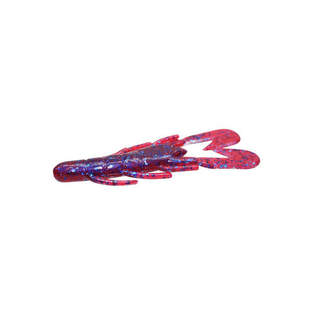 The Zoom UV Speed Craw by Zoom is a soft plastic fishing lure shaped like a crawfish, in red with blue speckles. It has multiple legs and two large pincers, making it ideal as a swim jig trailer. Shown on a white background.