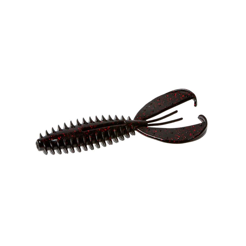 The Zoom Z-Craw Jr. by Zoom is a black and red rubber crawfish-shaped lure, perfect for bass fishing. It boasts a segmented, ribbed body with large claw-like ends that make it ideal for swim jigs, delivering irresistible underwater action.