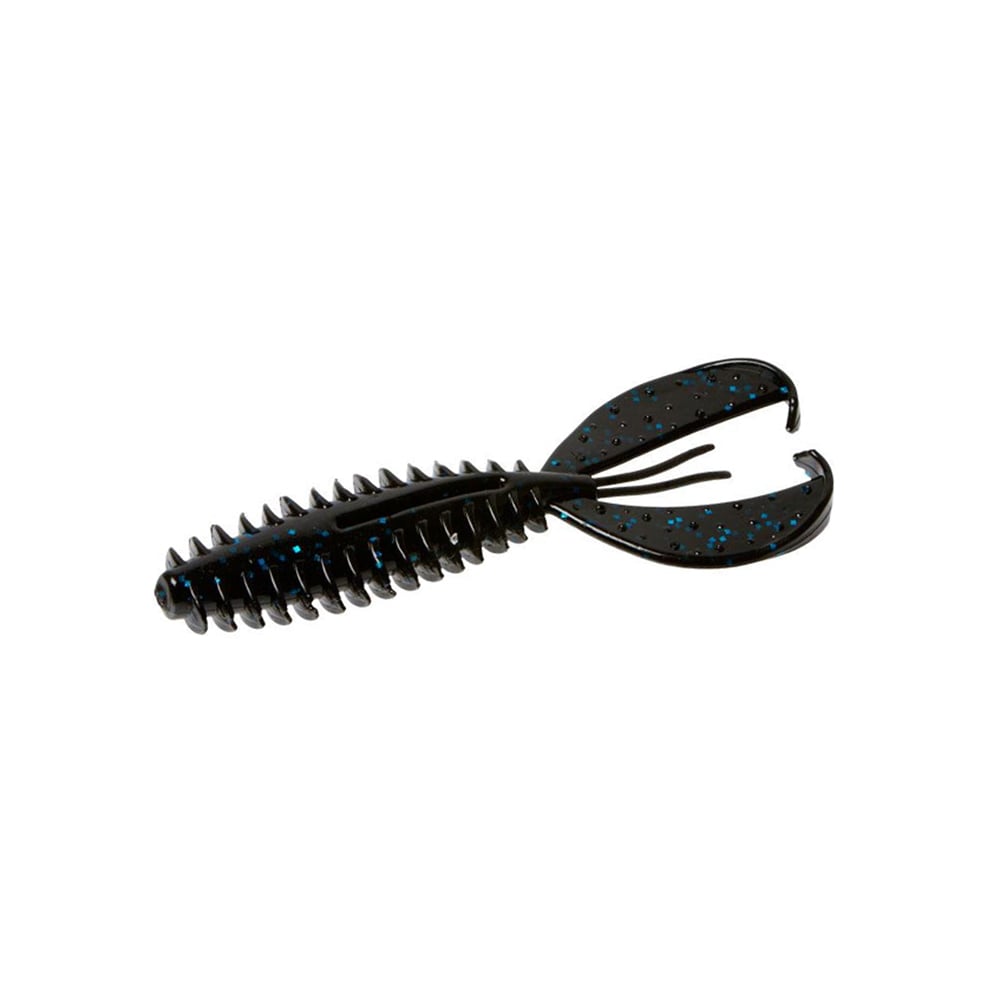 The Zoom Z-Craw Jr. by Zoom is a black fishing lure with ribbed texture and claw-like appendages, adorned with blue speckles, designed to mimic aquatic prey and ideal for targeting bass with swim jigs.
