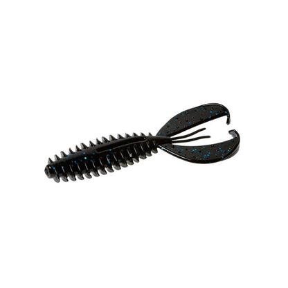 The Zoom Z-Craw Jr. by Zoom is a black fishing lure with ribbed texture and claw-like appendages, adorned with blue speckles, designed to mimic aquatic prey and ideal for targeting bass with swim jigs.