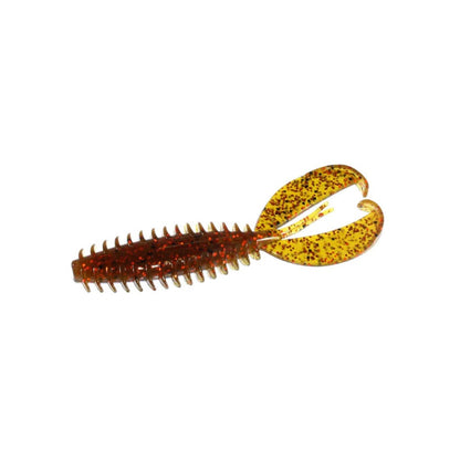 The Zoom Z-Craw Jr. is a soft plastic lure designed to imitate a crawfish. Featuring red and yellow speckles, a ribbed body, and pincers, it pairs perfectly with swim jigs for bass fishing, making it an angler's must-have for attracting the big catch.