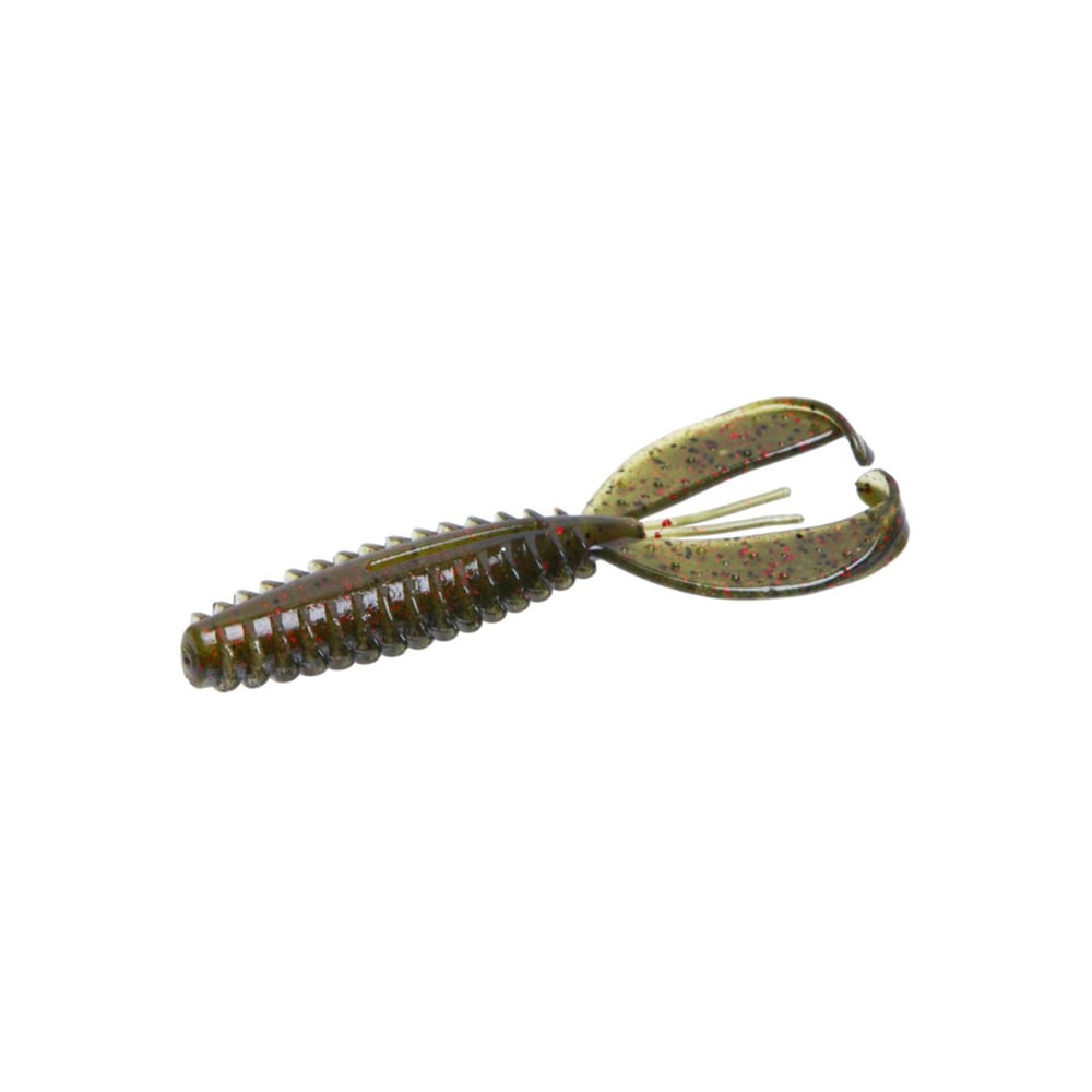 The Zoom Z-Craw Jr., a green and brown plastic lure by Zoom, features a ribbed body and two curved appendages resembling a crawfish. Designed for bass fishing enthusiasts, it is adorned with red and black speckles and is ideal for swim jigs.