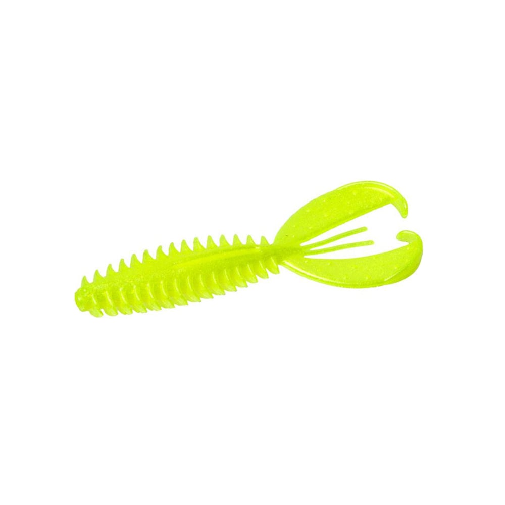 The Zoom Z-Craw Jr. lure from Zoom is a bright yellow-green with a ribbed body and claw-like appendages, ideal for attracting bass. Its shiny look and swim jig compatibility make it an irresistible, reflective bait underwater.