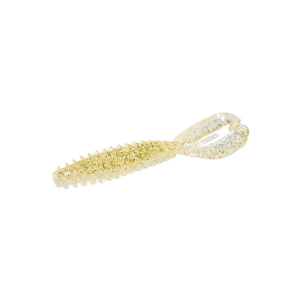 The Zoom Z-Craw by Zoom is a soft plastic lure featuring a translucent gold, glittery, elongated ribbed body and forked tail that mimics a small baitfish to effectively attract fish.