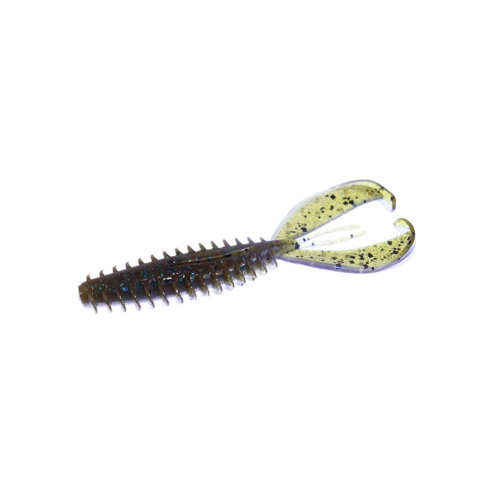 The Zoom Z-Craw boasts an elongated ribbed body with a dark speckled pattern. Its translucent fluttering claws have a hint of green, resembling natural prey to entice your next big catch.