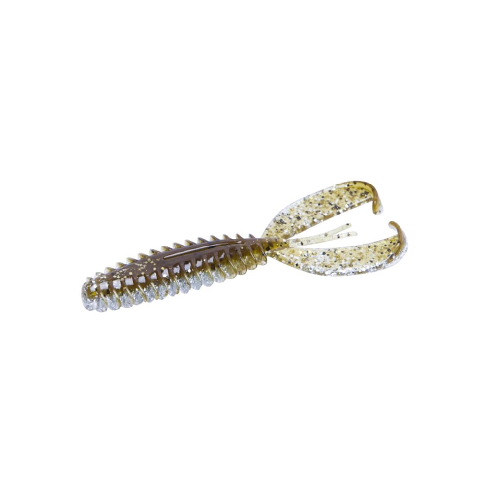 The Zoom Z-Craw is a soft plastic fishing lure with a ribbed, elongated body and twin tail design. Its mottled brown and white appearance resembles a small aquatic creature with fluttering claws to attract fish.