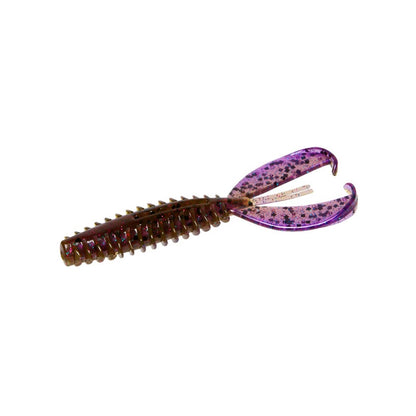 The Zoom Z-Craw Jr. by Zoom is a purple and brown artificial fishing lure with a segmented body and two claw-like appendages, speckled with black spots for realism. It's ideal for attracting bass when used with swim jigs.
