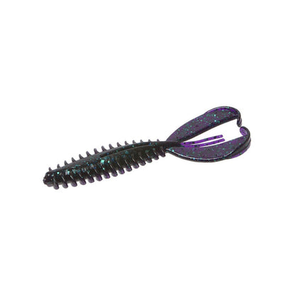 The Zoom Z-Craw Jr. is a fishing lure designed for bass with a ribbed body and two appendages in a dark hue with blue and purple speckles. Perfect for use with swim jigs or as an alternative creature bait to attract your next catch.