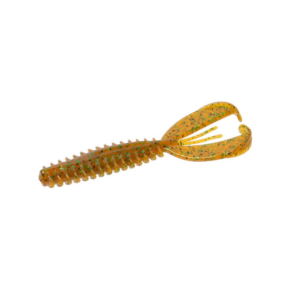 The Zoom Z-Craw by Zoom is a soft plastic fishing lure that resembles a crayfish, featuring an elongated ribbed body in orange with green and blue specks. Its fluttering claws mimic real movement, making it irresistible to fish.