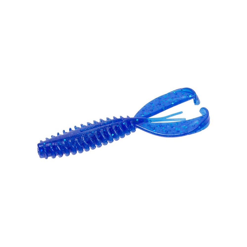 Meet the Zoom Z-Craw, a blue soft plastic fishing lure by Zoom, featuring an elongated body with a ribbed texture. Its two fluttering, claw-like appendages are enhanced with small dots to boost allure and movement in the water.
