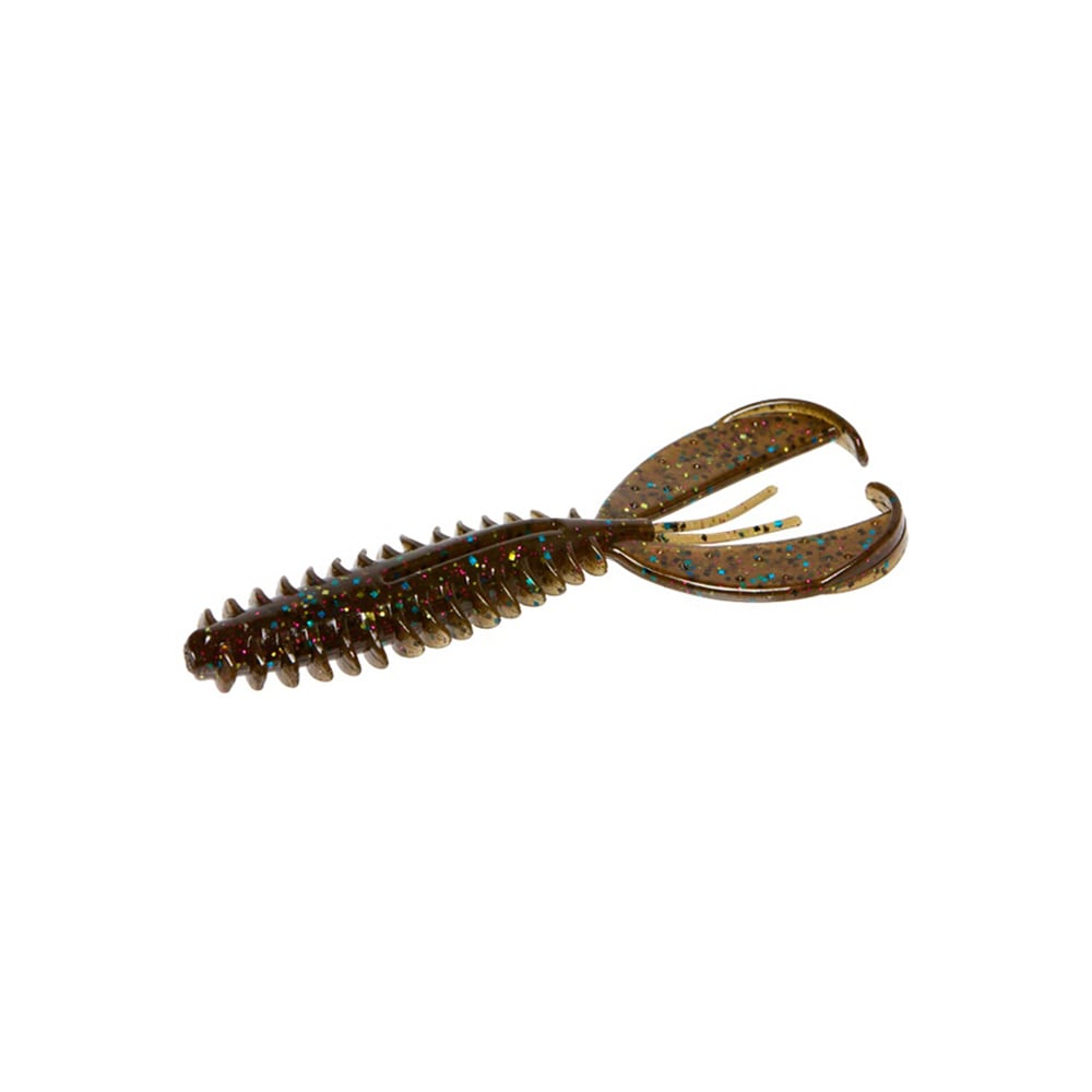The Zoom Z-Craw Jr. is a brown plastic fishing lure shaped like a crayfish, featuring a ribbed body, large claw-like appendages, and blue-green glitter for a shiny look. Ideal for swim jigs targeting bass, it’s isolated on a white background.
