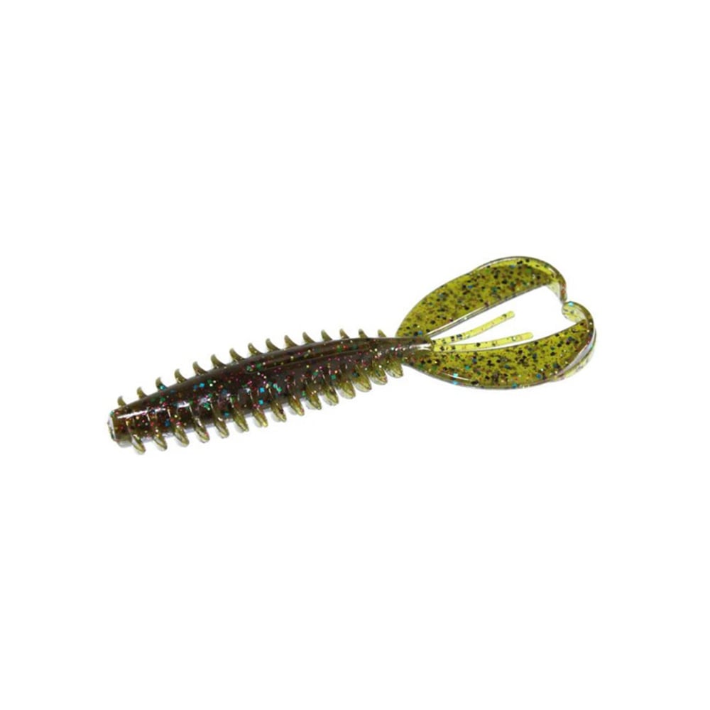 The Zoom Z-Craw fishing lure, by Zoom, is made of soft plastic and features a ribbed, elongated body in brown and green hues. Its flat yellowish tails with black speckles mimic fluttering claws to replicate bait's look and movement in the water.