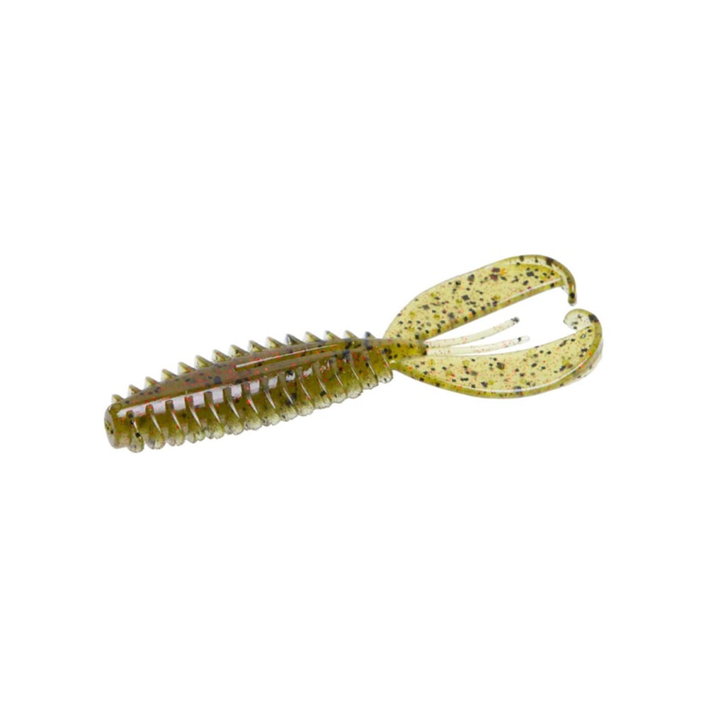 The Zoom Z-Craw Jr. by Zoom is a soft plastic lure ideal for bass fishing, featuring a ribbed cylindrical body and forked tails. Its olive green color with black speckles mimics natural prey, whether used alone or with swim jigs.