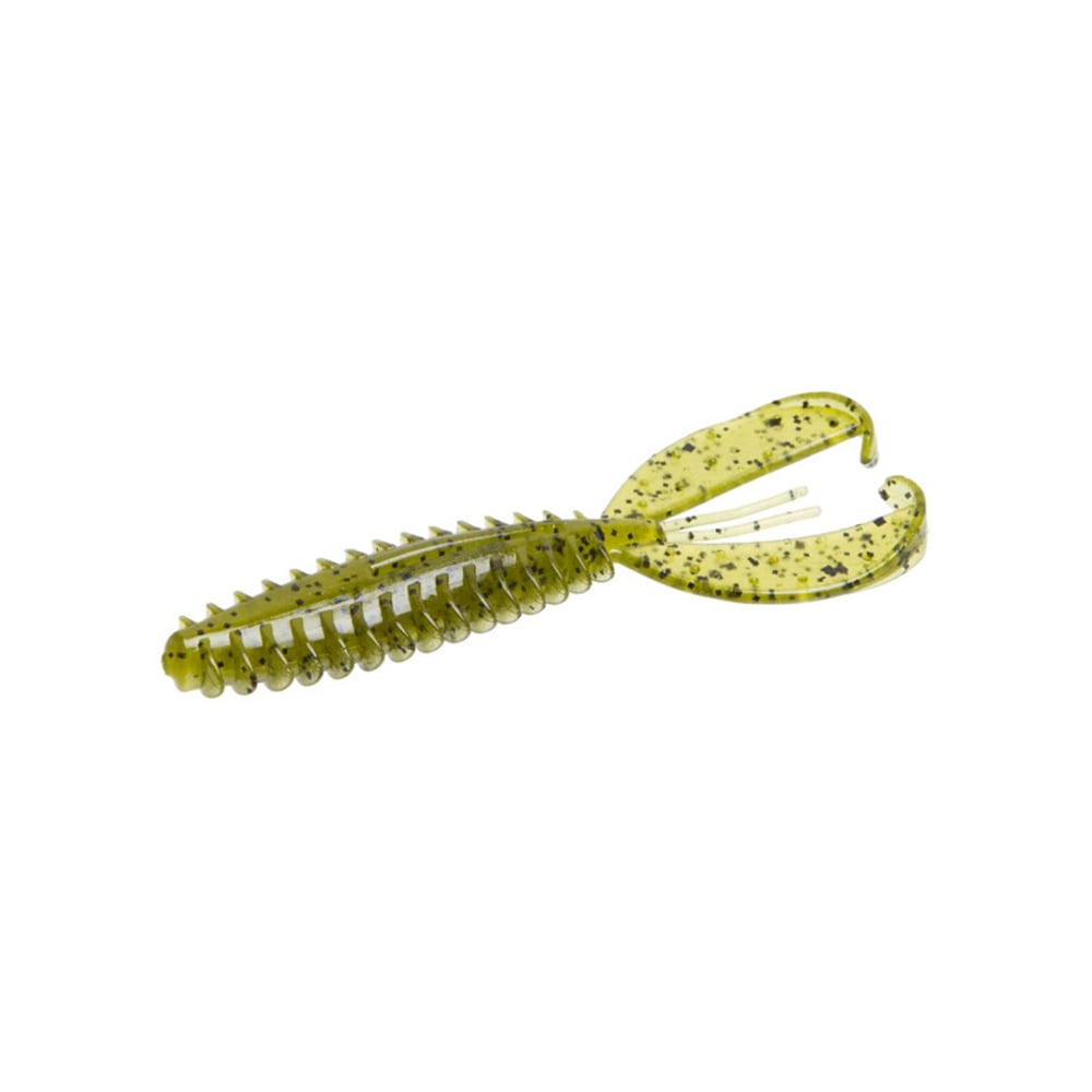 The Zoom Z-Craw, by the Zoom brand, is a green plastic fishing lure with speckled black dots, featuring an elongated ribbed body and two curved appendages with fluttering claws.