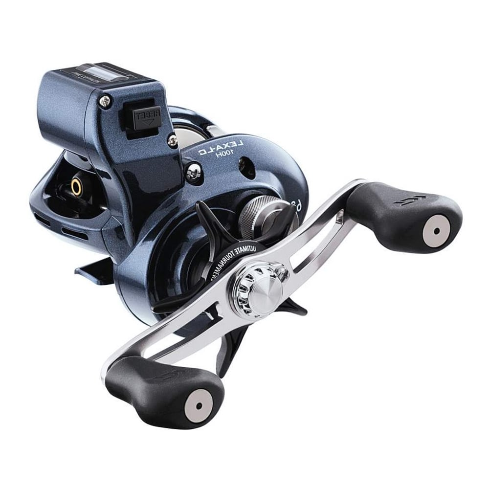A close-up view of the Daiwa Lexa Line Counter LC100HL 6.3:1 left hand casting reel in metallic blue and silver, with dual black handles, a drag adjustment knob, and an ultimate tournament carbon drag system.