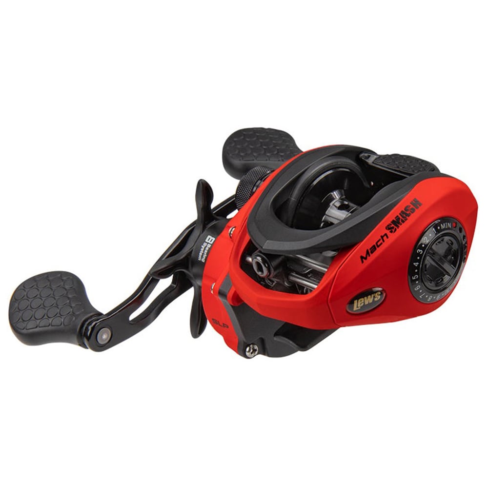The Lew's Mach Smash SLP 7.5:1 Left Hand Casting Reel (MHS1SHL) features a red and black design, dual handles, Speed Gears, visible spool, and adjustment dials with the Lew's logo and "Mach Smash" text.